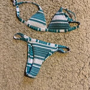 Striped Teal and White Bikini Set